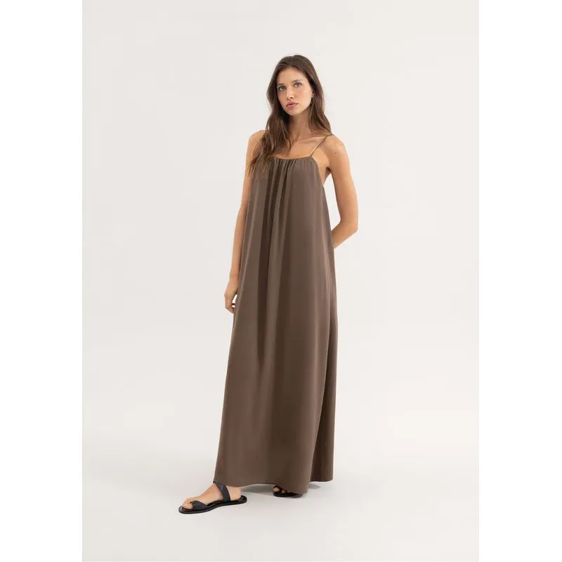 Vestido Midi Evasê Em Tecido Creponado - Marrom G