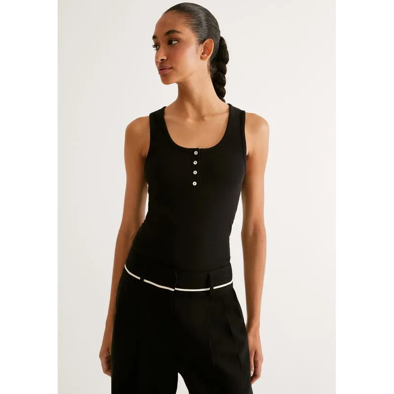 Regata Feminina Canelada Com Botões - Preto G