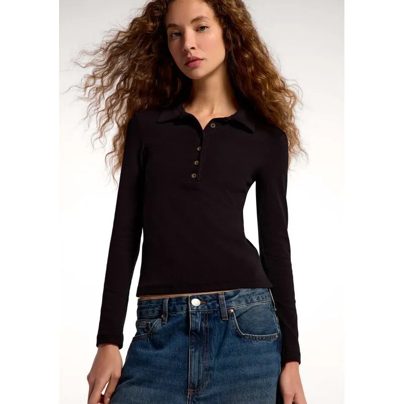 Polo Feminina Manga Longa Em Ribana Ultra Soft - Preto M