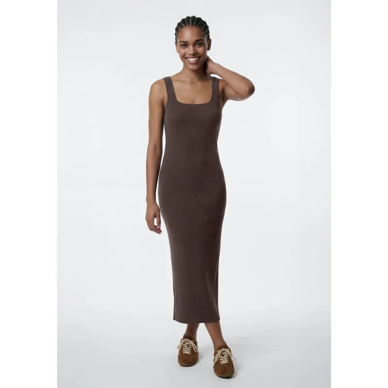 Vestido Midi Em Ribana Canelada - Marrom P