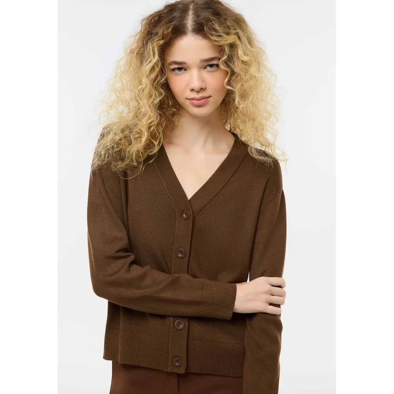 Cardigan Feminino Decote V Em Tricô - Marrom XG