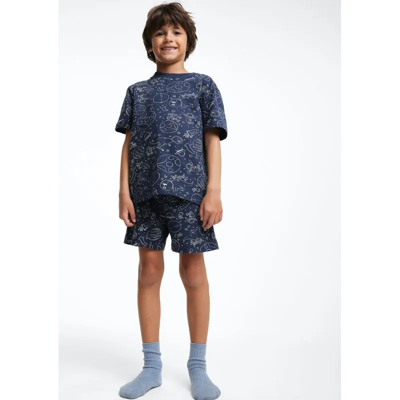 Pijama Curto Infantil Que Brilha no Escuro - Azul 016