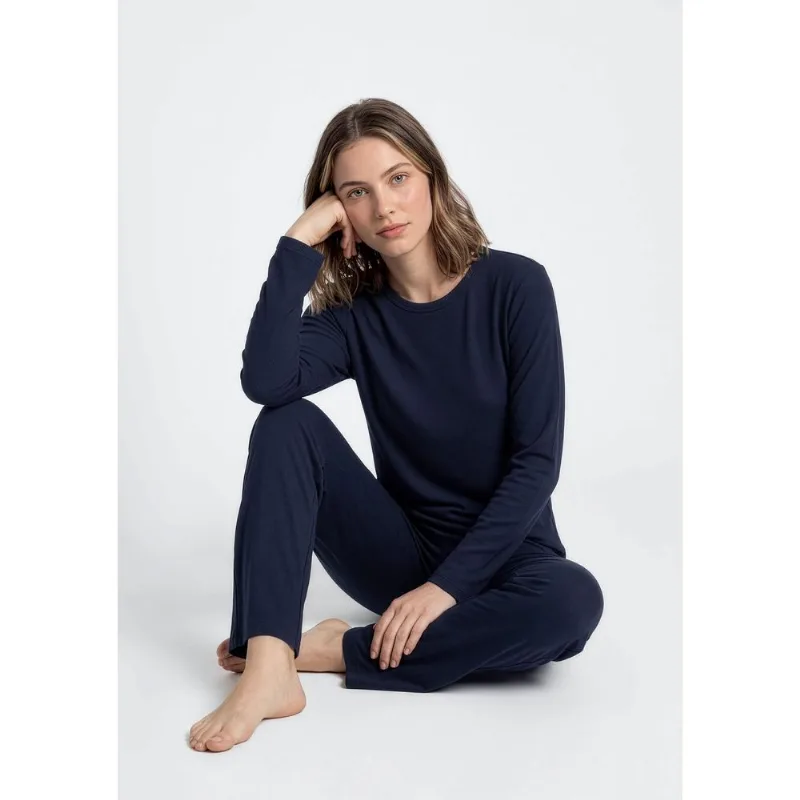 Pijama Feminino Longo Em Ribana - Azul M