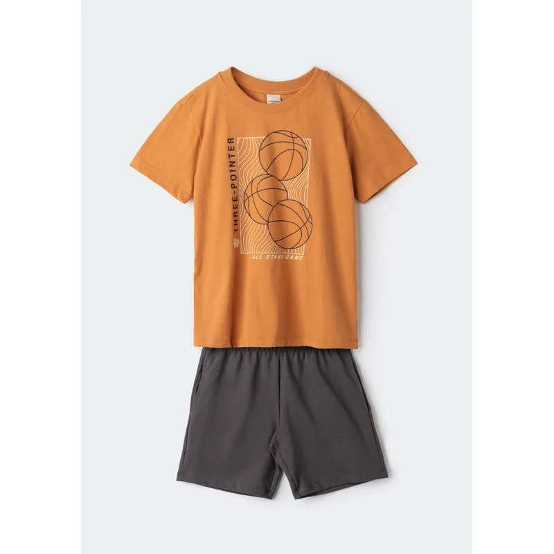 Conjunto Infantil Menino Curto Com Estampa - Laranja 014
