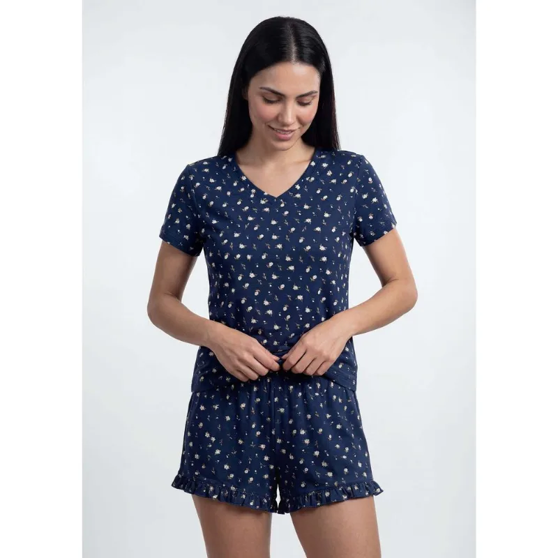 Pijama Curto Feminino Estampado Decote V - Azul XG