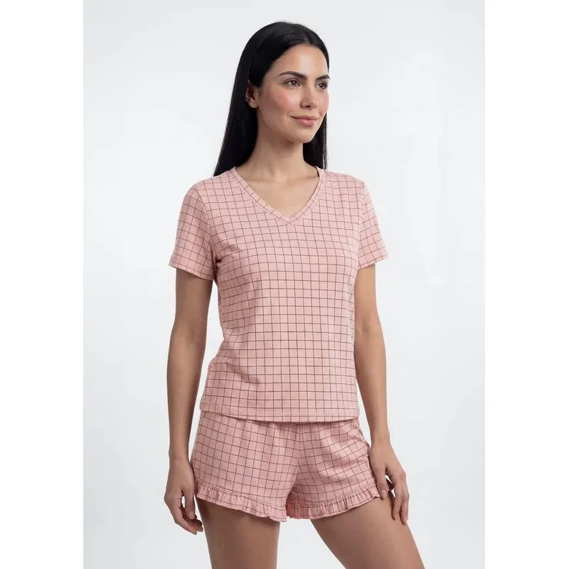 Pijama Curto Feminino Estampado Decote V - Rosa P