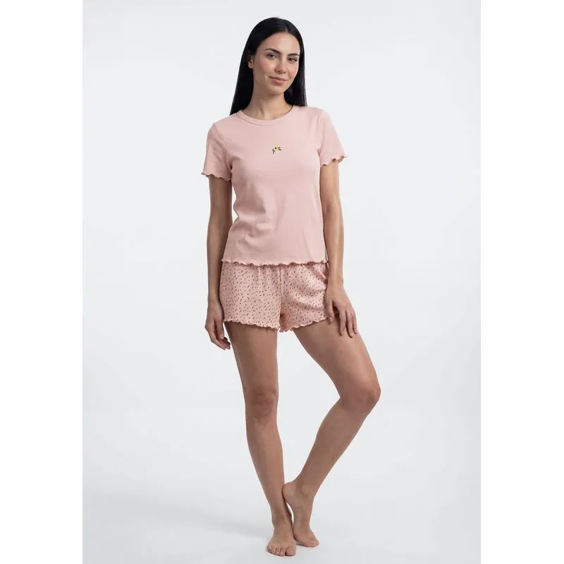 Pijama Curto Feminino Estampado Com Frufru - Rosa XP