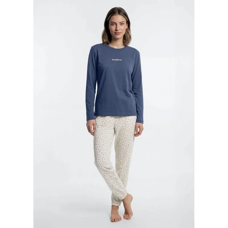 Pijama Longo Feminino Estampado - Azul XG