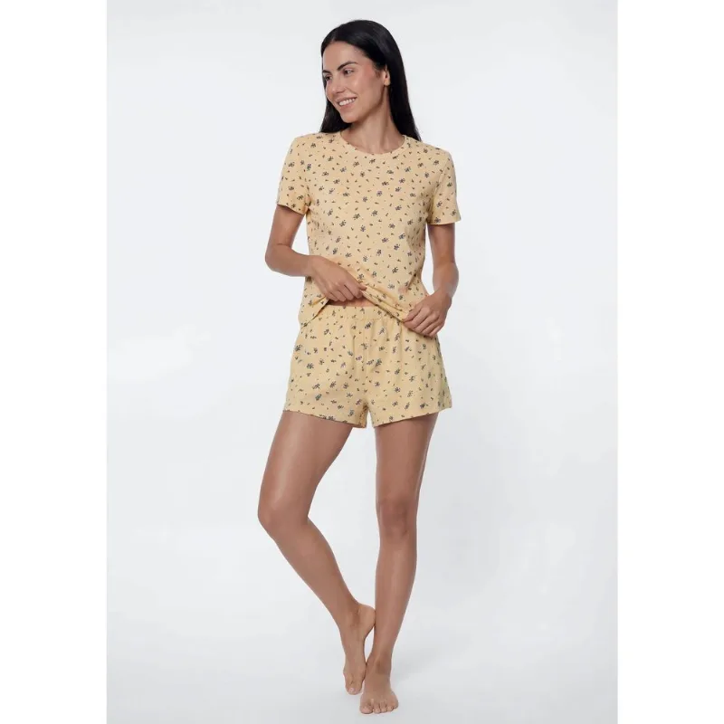 Pijama Feminino Curto Estampado - Amarelo P