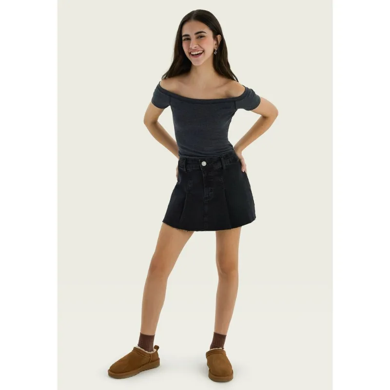 Shorts Saia Jeans Teen Cintura Baixa Barra A Fio - Preto M