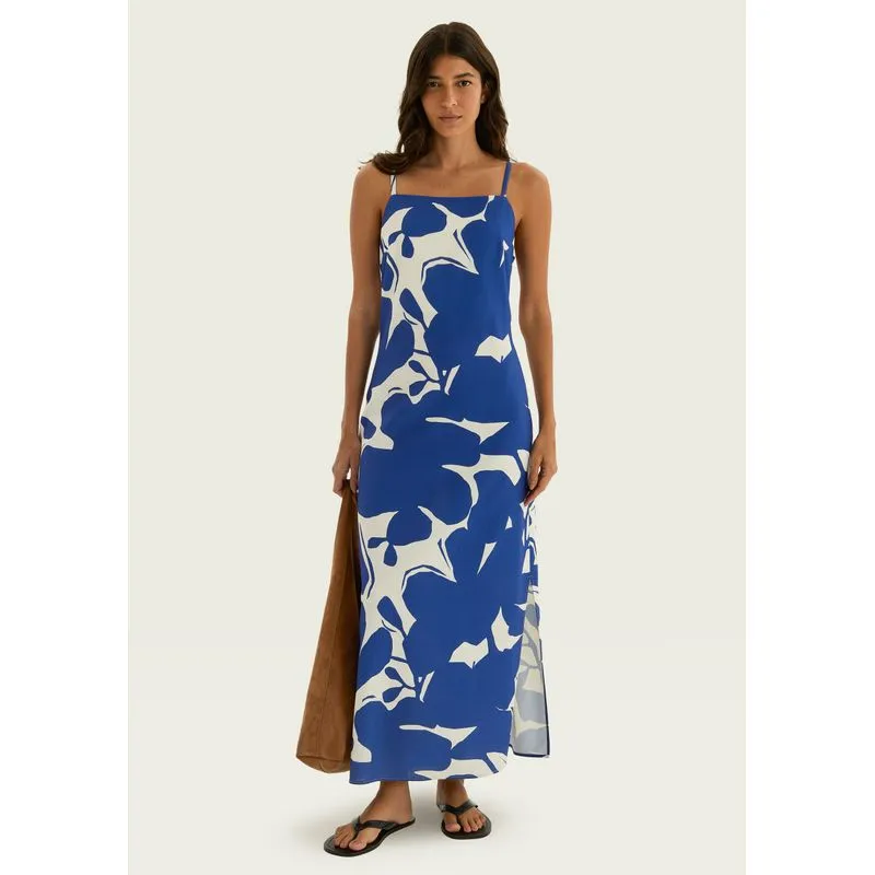 Vestido Midi Estampado Em Viscolinho - Azul P