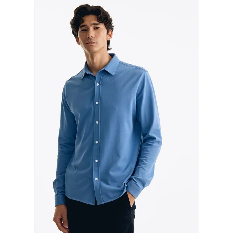 Camisa Masculina Manga Longa Em Piquet - Azul P