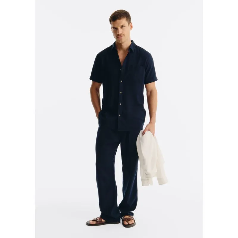Calça Básica Masculina Taper Em Linho - Azul G