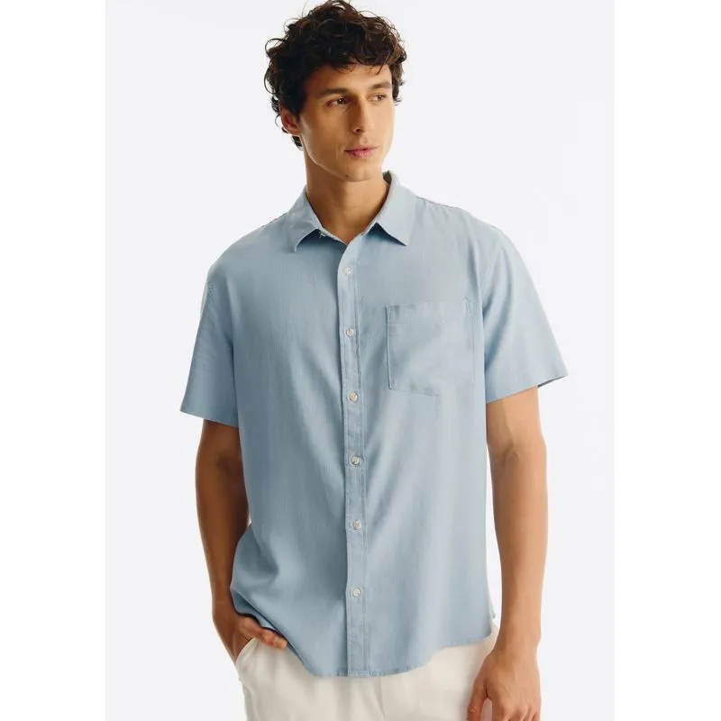 Camisa Básica Masculina Manga Curta Em Linho - Azul XXG