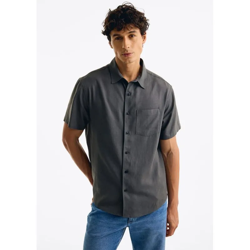 Camisa Básica Masculina Manga Curta Em Linho - Preto XG