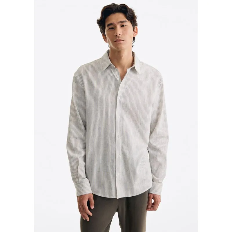 Camisa Masculina Manga Longa Listrada Em Linho - Azul XXG