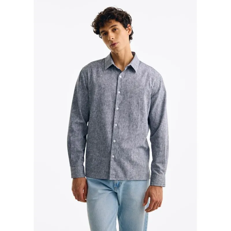 Camisa Masculina Manga Longa Em Linho - Azul P