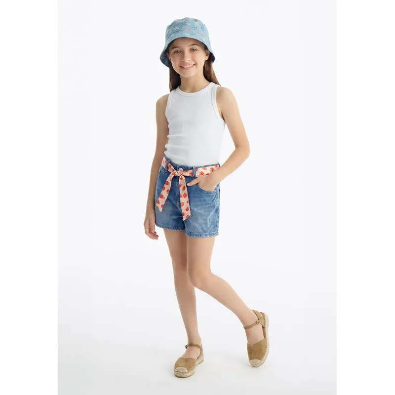Shorts Jeans Hering Kids Cinto Estampado Feminino - Azul 006