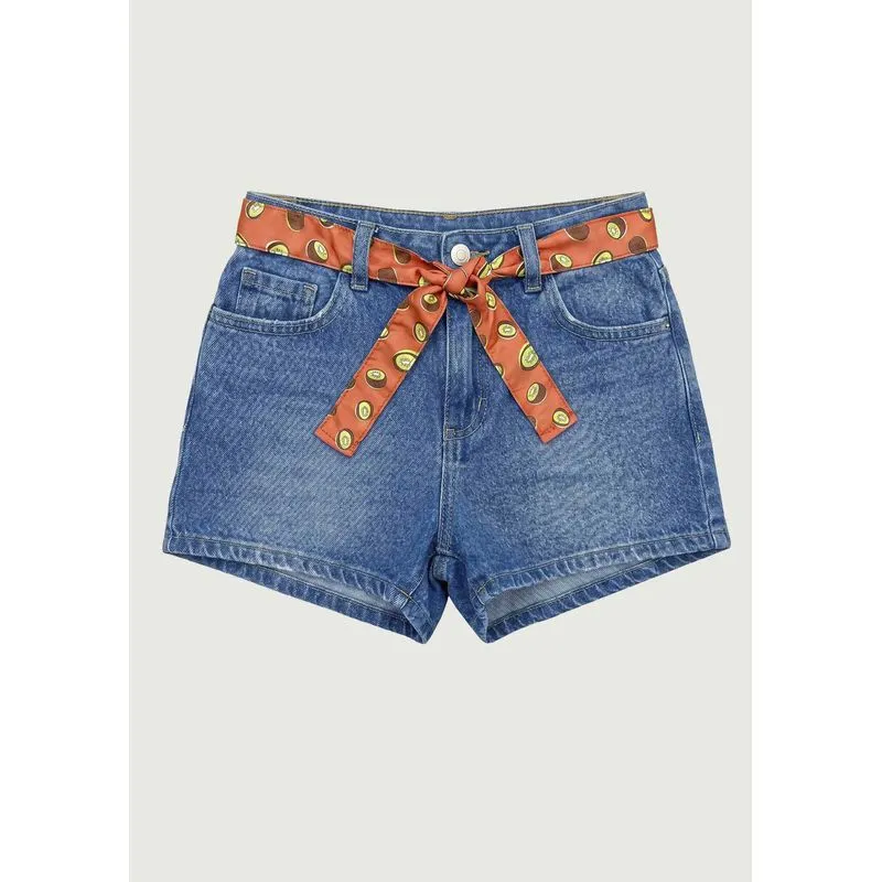 Shorts Jeans Hering Kids Cinto Estampado Feminino - Azul 012