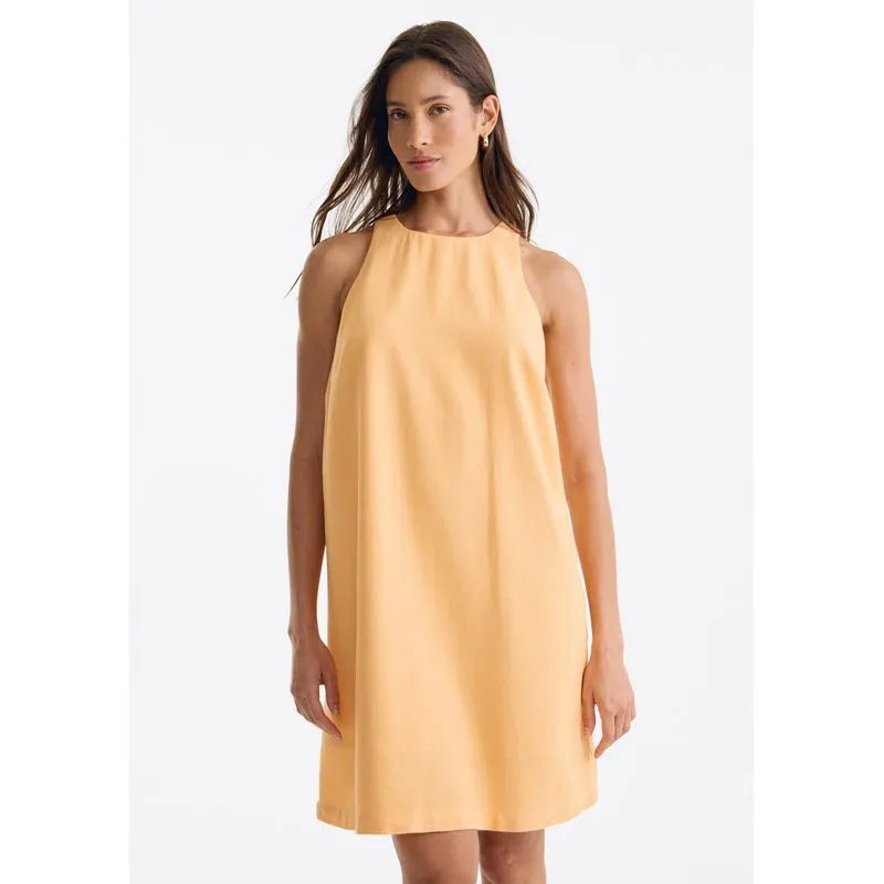 Vestido Curto Evasê Com Linho - Laranja M