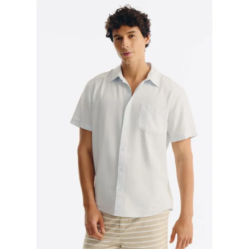 Camisa Básica Masculina Manga Curta Em Linho - Azul XG