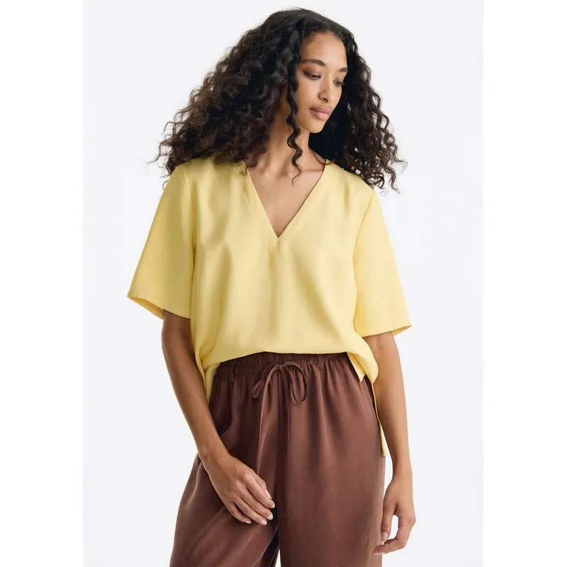 Blusa Feminina Manga Curta Decote V - Amarelo XG