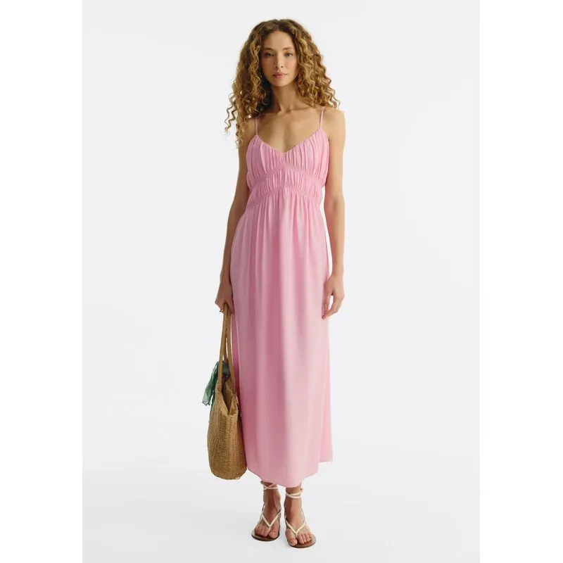 Vestido Longo Decote V Com Franzidos - Rosa G