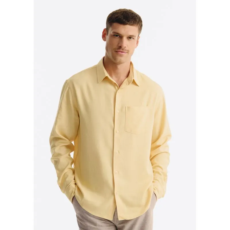 Camisa Básica Masculina Manga Longa Slim Em Linho - Amarelo P