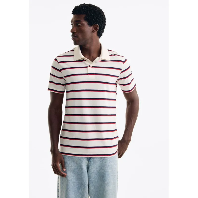 Polo Masculina Listrada Manga Curta - Off white M