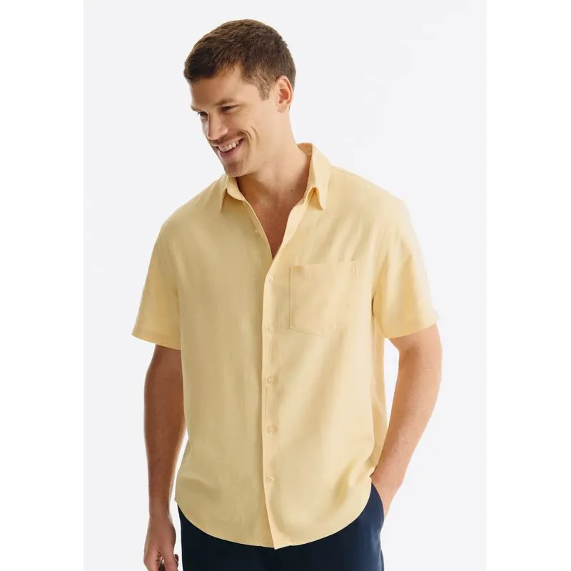 Camisa Básica Masculina Manga Curta Em Linho - Amarelo M