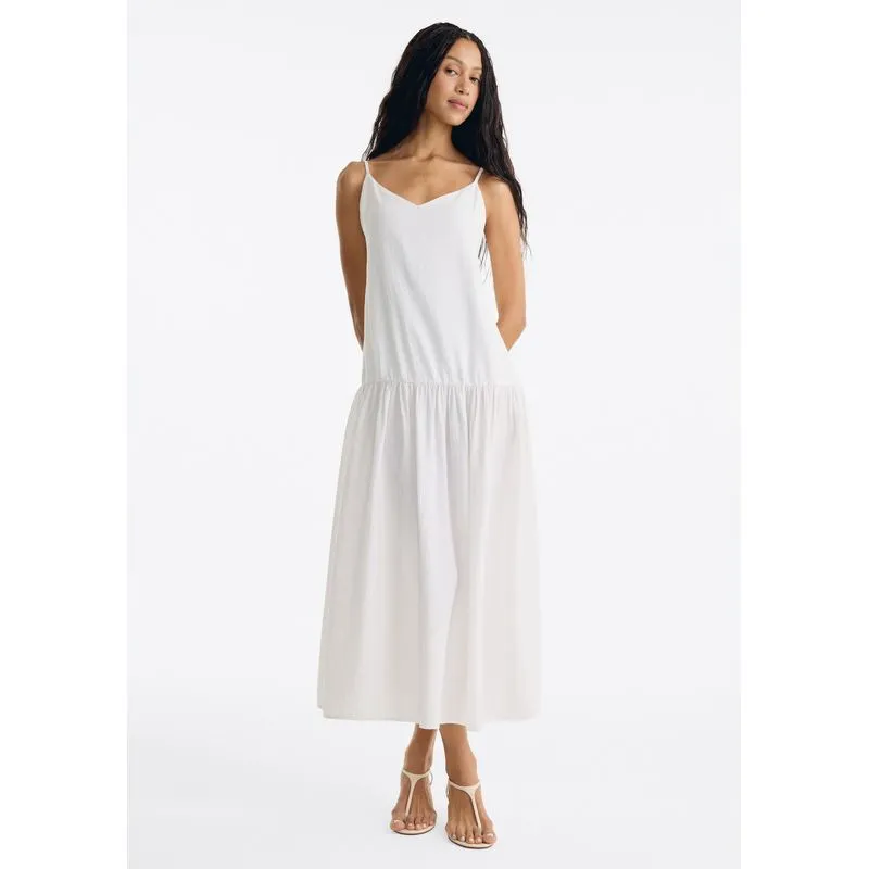 Vestido Midi Evasê Decote V - Off white XG
