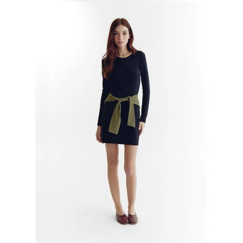 Vestido Curto Manga Longa em Ribana Com Sobreposição - Preto G