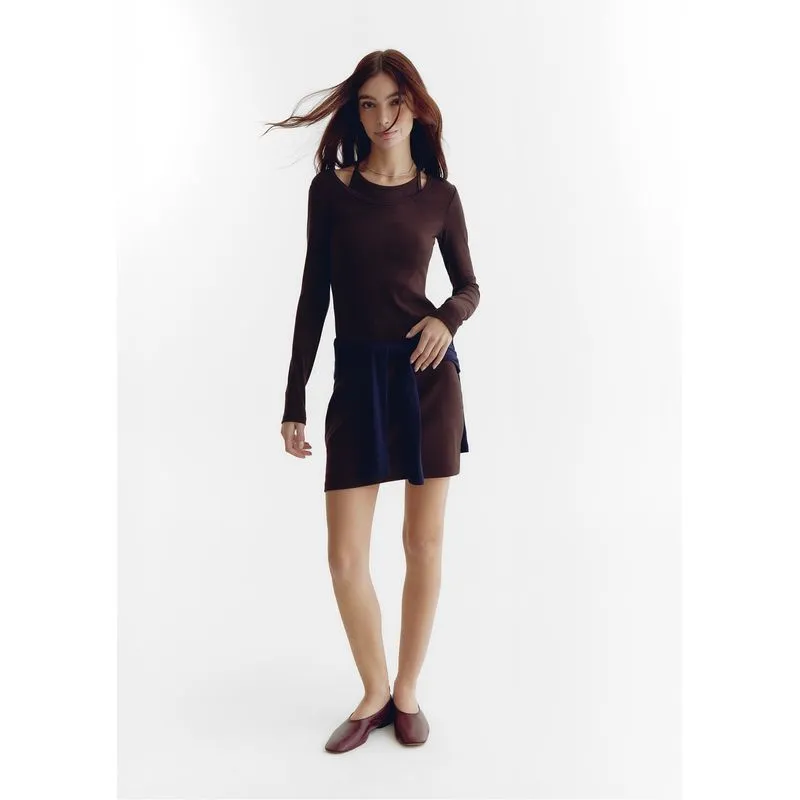 Vestido Curto Manga Longa em Ribana Com Sobreposição - Marrom P