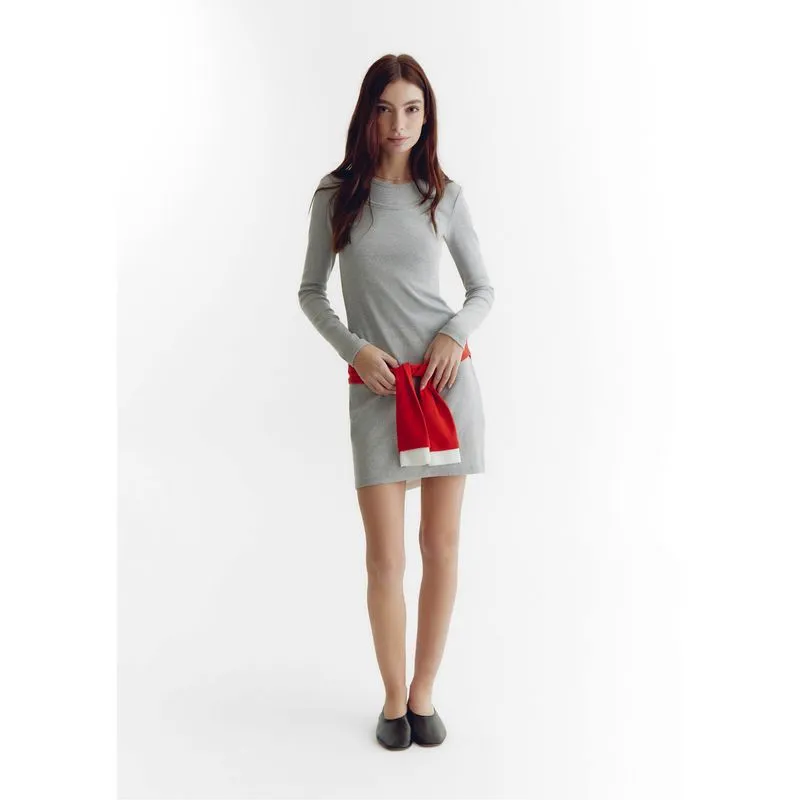 Vestido Curto Manga Longa em Ribana Com Sobreposição - Cinza P