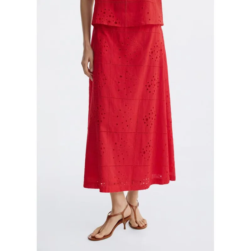 Saia Midi Evasê Em Laise Concha - Vermelho P