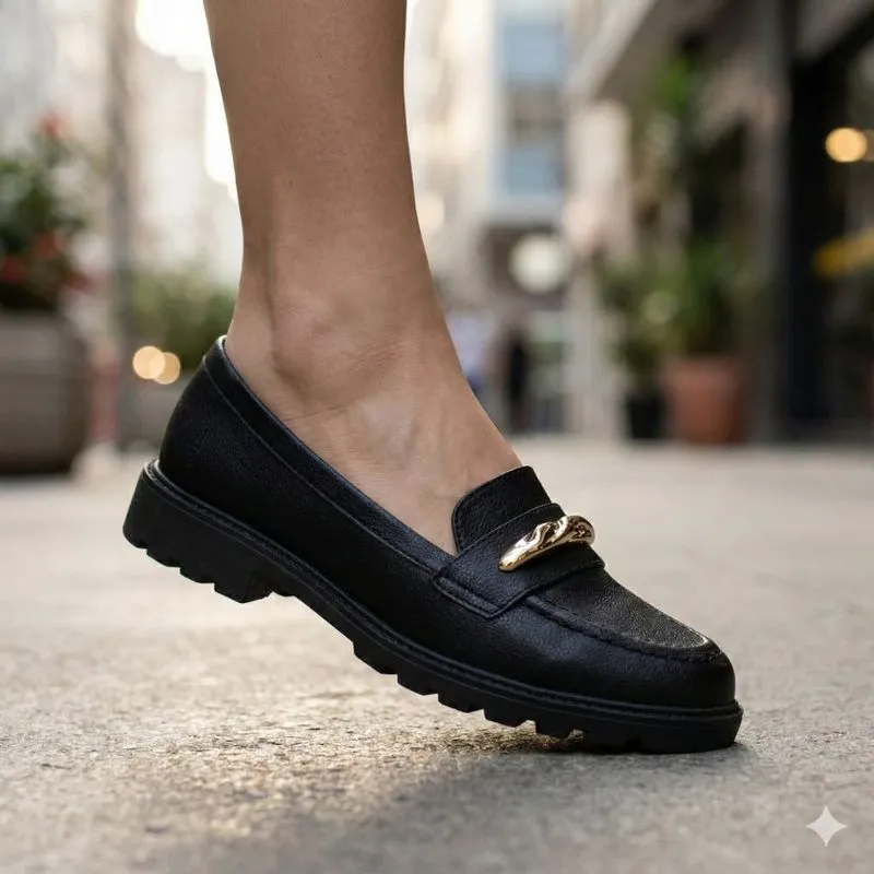 Mocassim Feminino Modare Detalhe Dourado Preto - 38