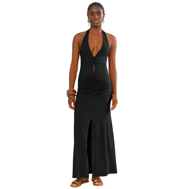 Vestido Longo Frente Única Com Drapeado Frontal Preto Feminino M / Preto