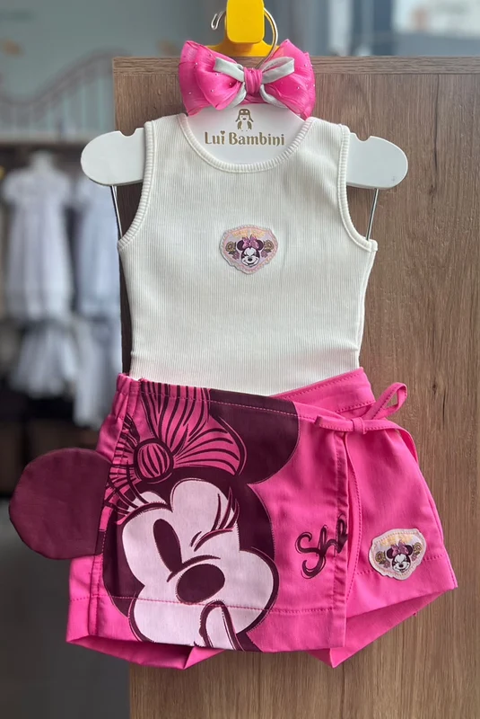 CONJUNTO BLUSA REGATA CANELADA PATCH MINNIE E SHORT COM SOBREPOSIÇÃO MENINA ANIME OFF/PINK / 1