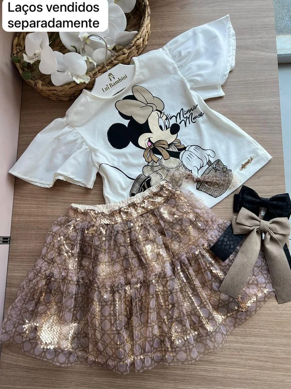 CONJUNTO BLUSA MANGA CURTA ESTAMPA MINNIE E SAIA TULE PAETÊS MENINA ANIMÊ OFF/DOURADO / 4