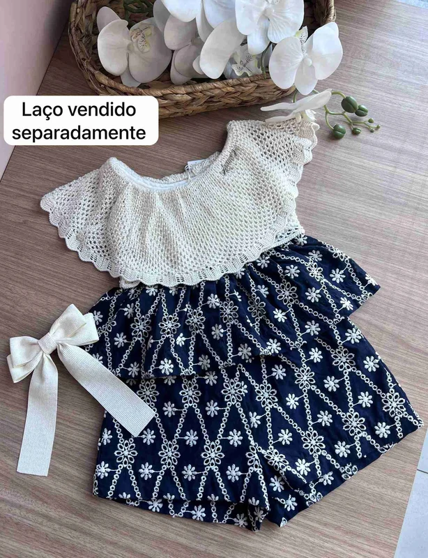 CONJUNTO BLUSA ALÇA BABADO TRICO FLOR BORDADO E SHORT MENINA ANIME BEGE/MARINHO / 4