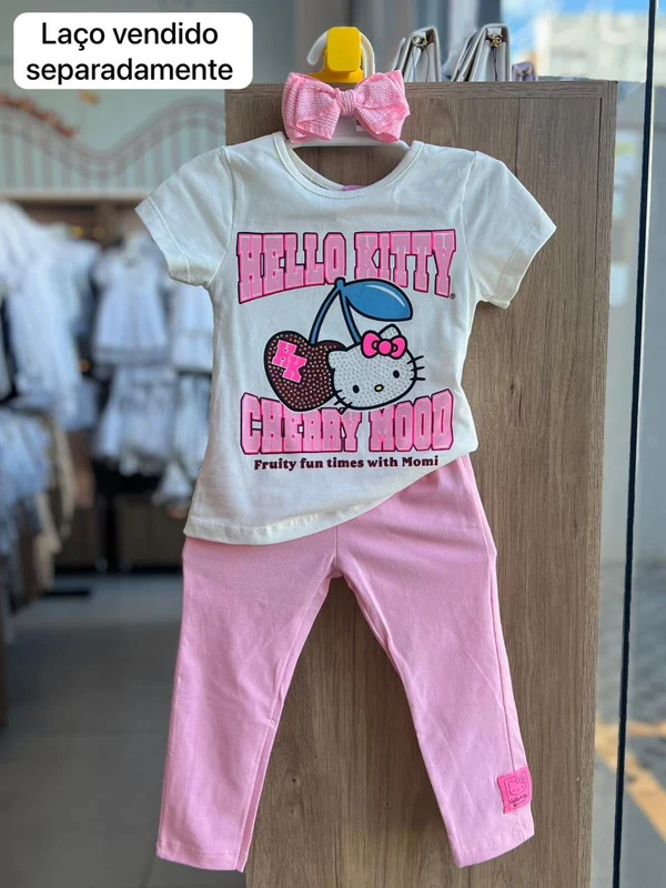 CONJUNTO BLUSA MANGA CURTA HELLO KITTY CEREJA MOOD E CALÇA LEGGING MENINA MOMI OFF/ROSA / 12