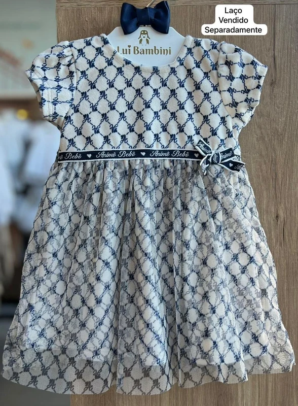 VESTIDO MANGA CURTA TULE FITA LAÇO MENINA ANIMÊ OFF/MARINHO / 9-12M