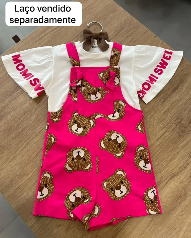 CONJUNTO BLUSA MANGA CURTA BABADO E JARDINEIRA ALÇA URSO MENINA MOMI OFF/ROSA / 6