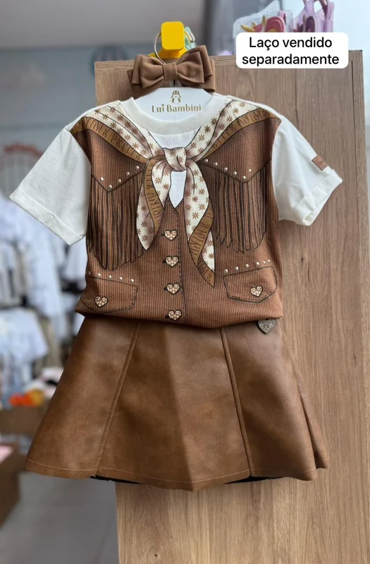 CONJUNTO BLUSA MANGA CURTA LENÇO BOIADEIRA CORAÇÃO E SAIA CIRRE MENINA ANIMÊ OFF/MARROM / 12