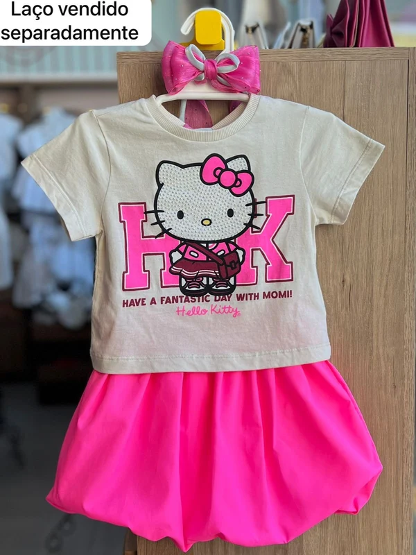 CONJUNTO BLUSA MANGA CURTA HELLO KITTY STRASS E SAIA BALONE MENINA MOMI BEGE/ROSA / 4