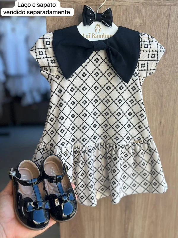 VESTIDO MANGA CURTA LAÇO GOLA MENINA ANIMÊ OFF/PRETO / 3-6M