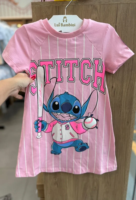 VESTIDO MANGA CURTA LISTRADO STITCH BASEBALL BOLA TACO MENINA MOMI Rosa / 14