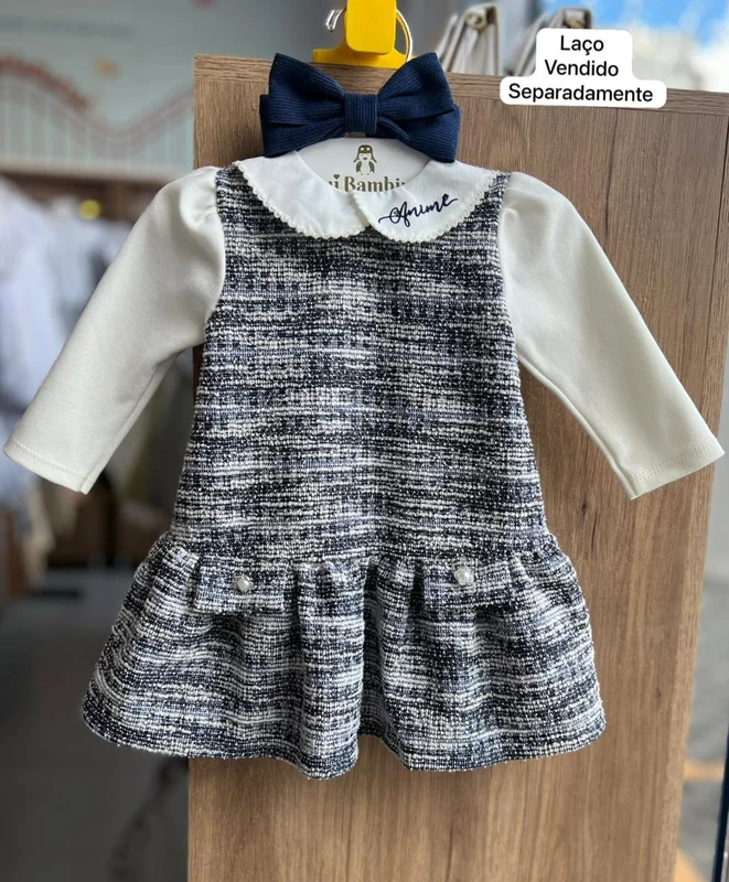 VESTIDO MANGA LONGA BOTÕES TWEED XADREZ MENINA ANIMÊ AZUL/OFF / 6-9M