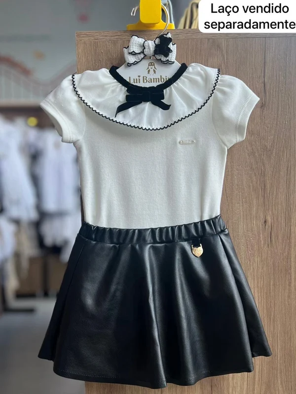 CONJUNTO BODY MANGA CURTA GOLA BABADO LAÇO E SAIA CIRRE MENINA ANIMÊ OFF/PRETO / 3-6M