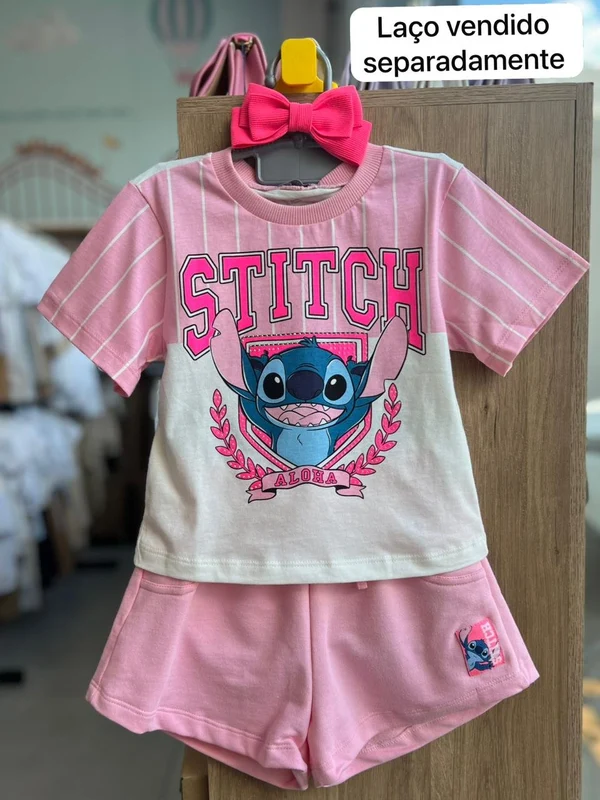 CONJUNTO BLUSA MANGA CURTA LISTRADO STRASS TORCEDOR STITCH E SHORT MENINA MOMI OFF/ROSA / 4